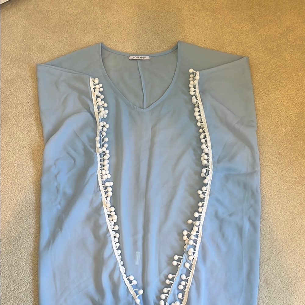 Blue V-Neck Coverup with White Pom-Pom Trim